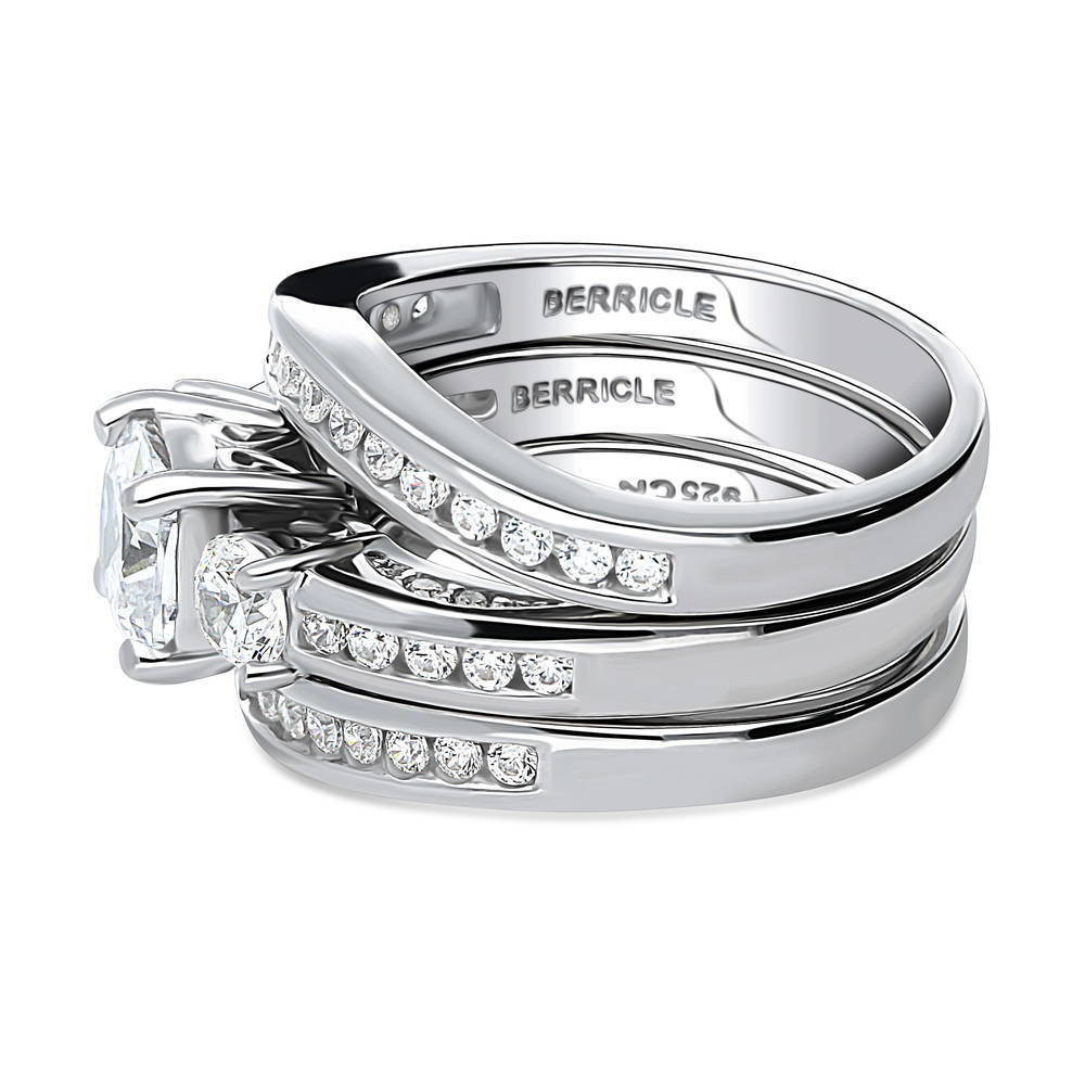 Angle view of 3-Stone 1.5ct Cushion CZ Ring Set in Sterling Silver, 5 of 17