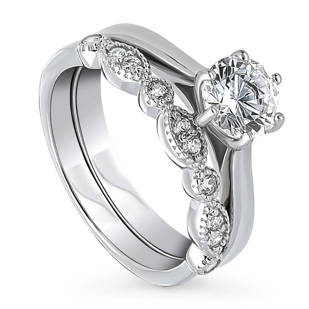 Front view of Solitaire Milgrain Art Deco 1ct CZ Ring Set in Sterling Silver, 4 of 14