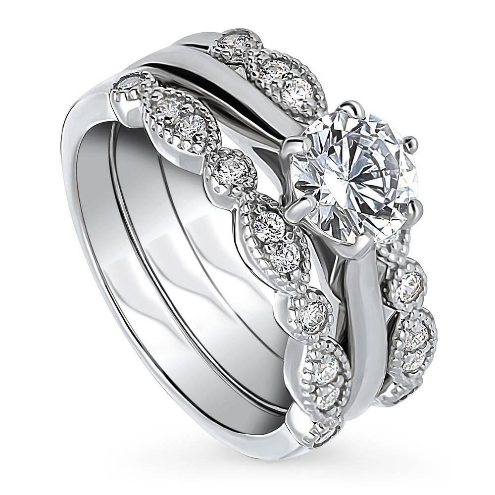 Front view of Solitaire Milgrain Art Deco 1ct CZ Ring Set in Sterling Silver, 4 of 14