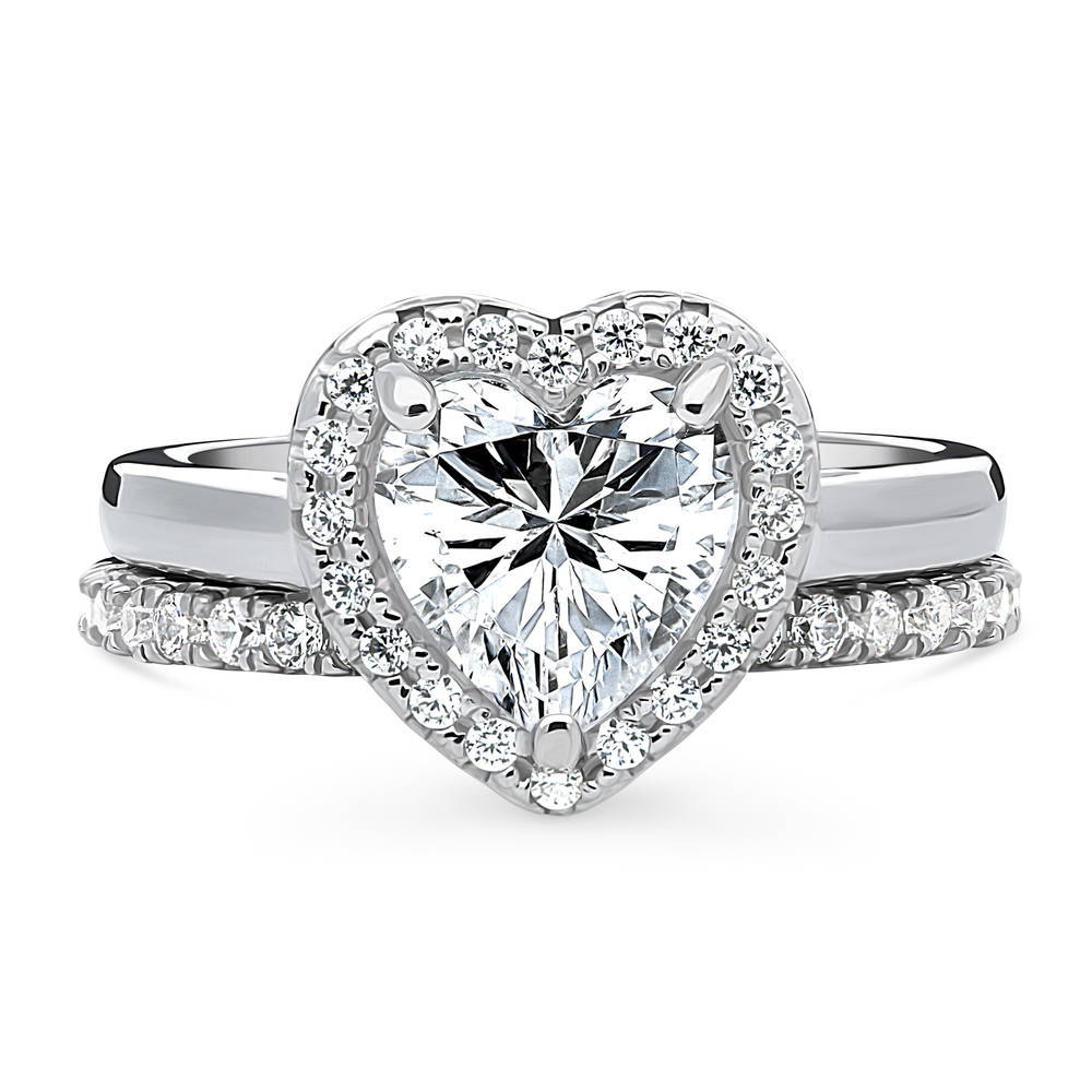 Halo Heart CZ Ring Set in Sterling Silver