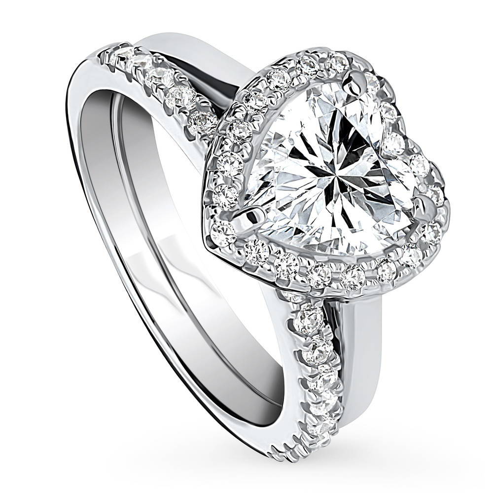 Halo Heart CZ Ring Set in Sterling Silver