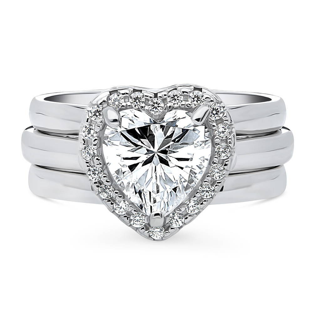 Halo Heart CZ Ring Set in Sterling Silver