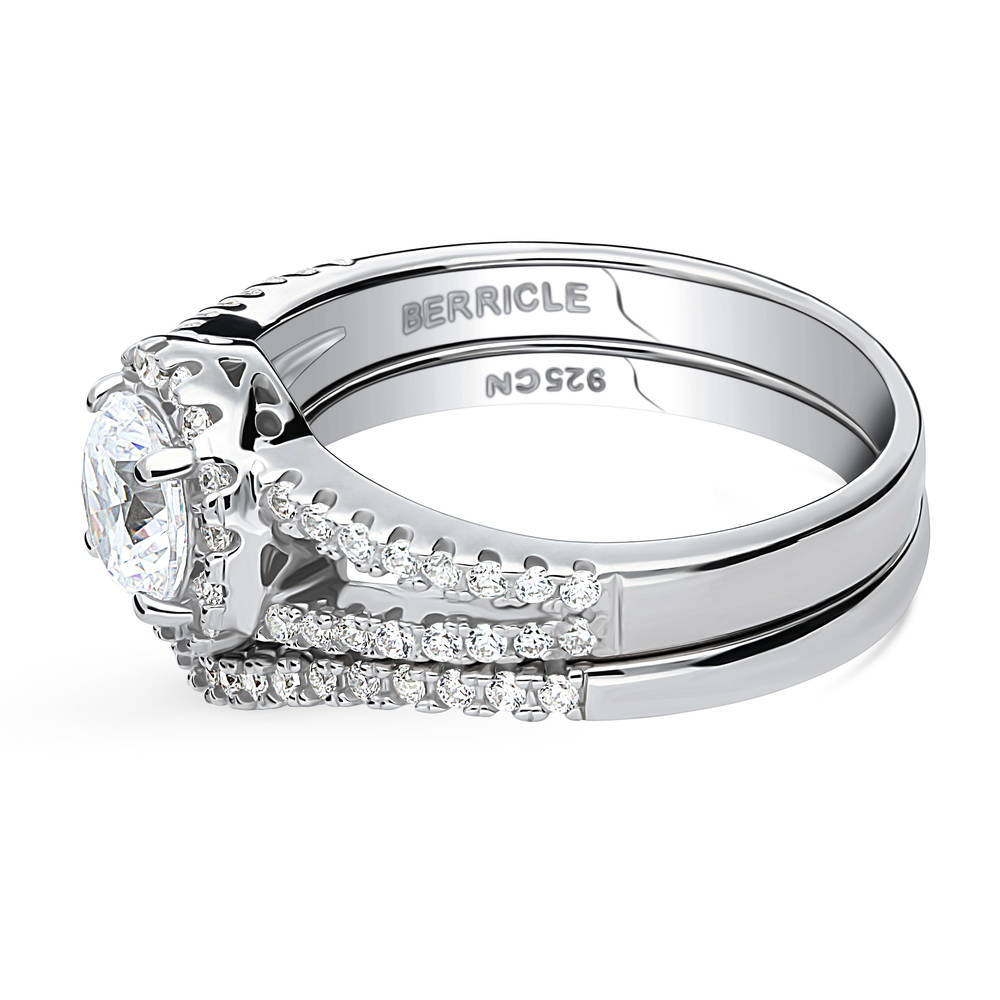 Halo Wishbone CZ Split Shank Ring Set in Sterling Silver