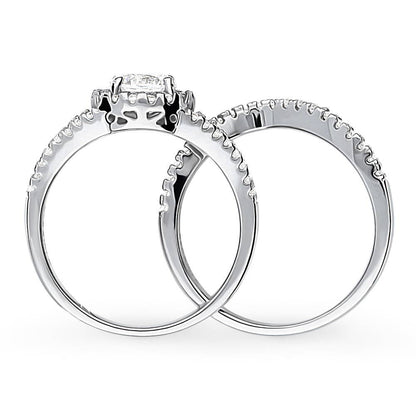 Halo Wishbone CZ Split Shank Ring Set in Sterling Silver