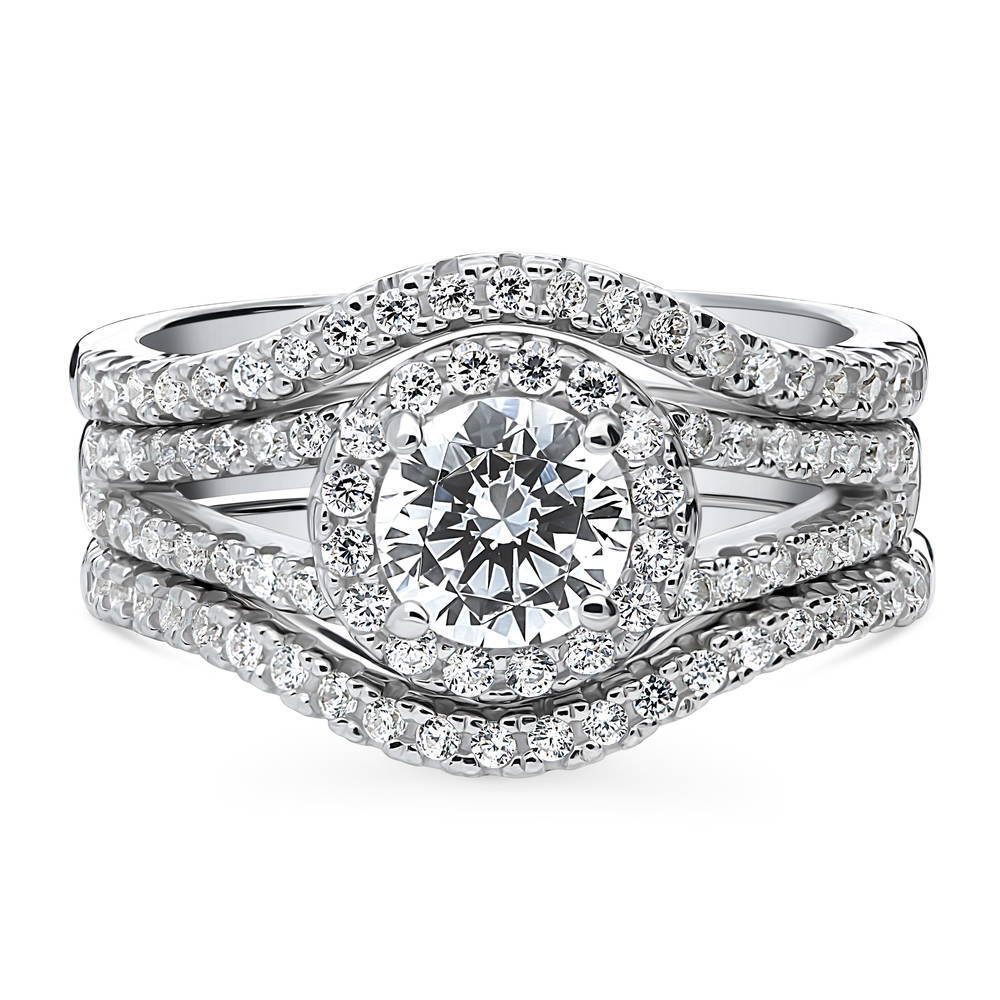 Halo Wishbone CZ Split Shank Ring Set in Sterling Silver