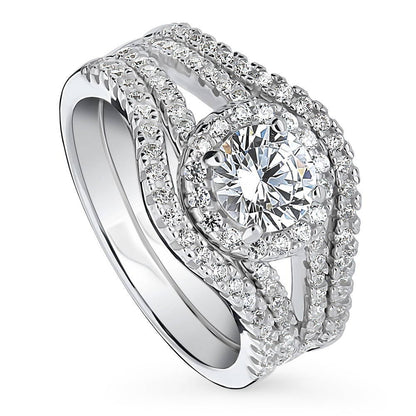 Halo Wishbone CZ Split Shank Ring Set in Sterling Silver