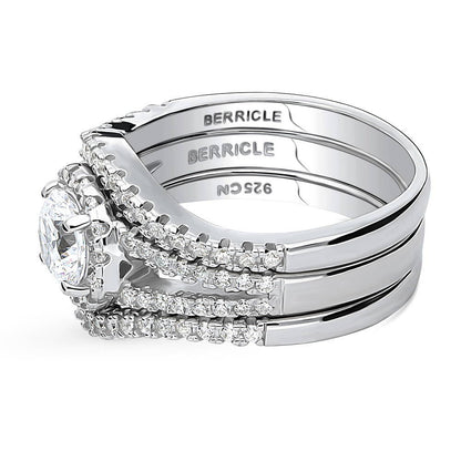 Halo Wishbone CZ Split Shank Ring Set in Sterling Silver