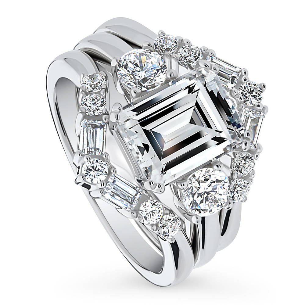 3-Stone 7-Stone Emerald Cut CZ Ring Set in Sterling Silver