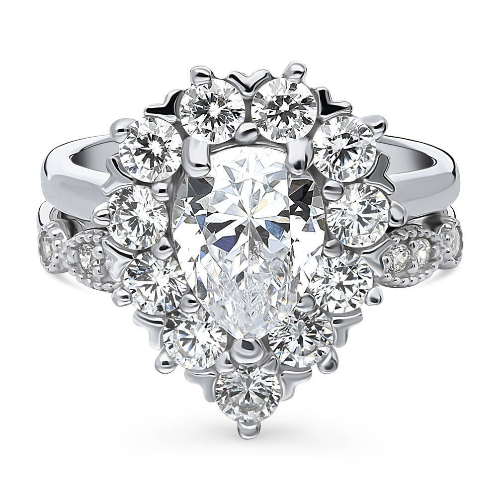 Halo Milgrain Art Deco Pear CZ Ring Set in Sterling Silver, 1 of 19