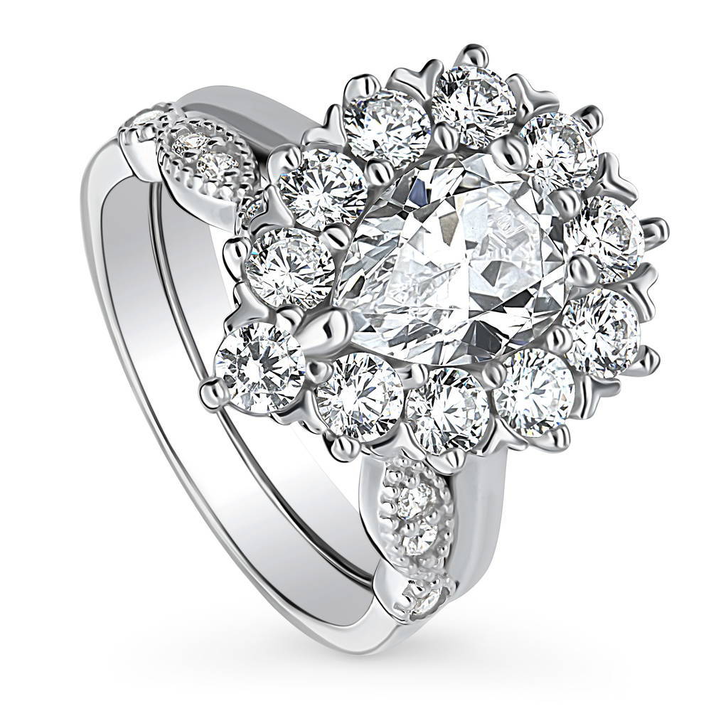 Front view of Halo Milgrain Art Deco Pear CZ Ring Set in Sterling Silver, 4 of 19
