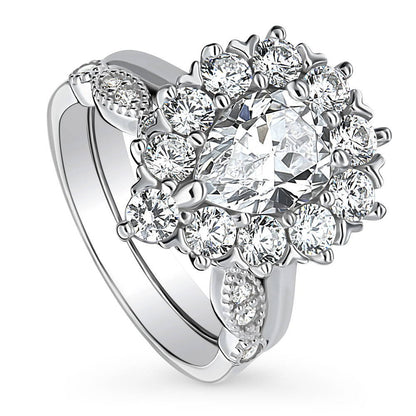 Halo Milgrain Art Deco Pear CZ Ring Set in Sterling Silver
