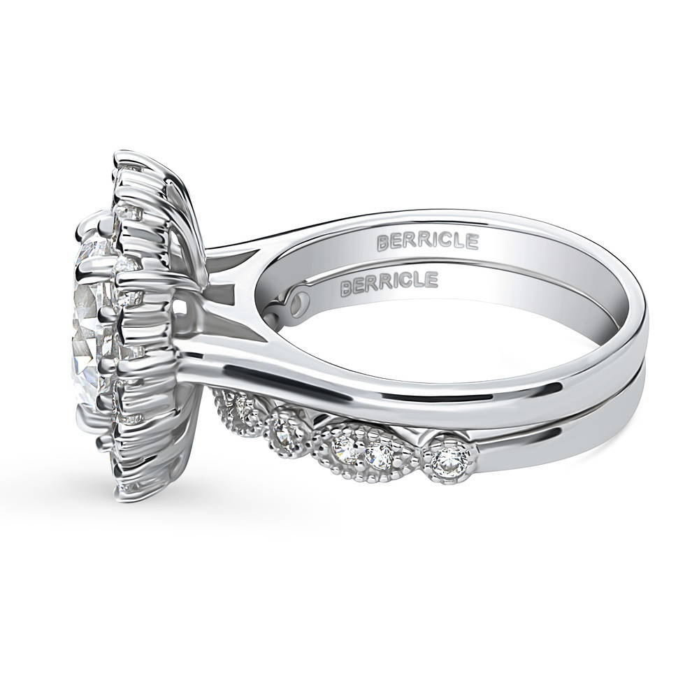 Halo Milgrain Art Deco Pear CZ Ring Set in Sterling Silver