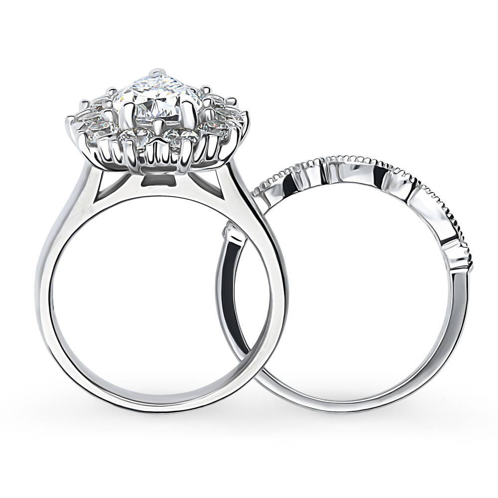 Alternate view of Halo Milgrain Art Deco Pear CZ Ring Set in Sterling Silver, 8 of 19
