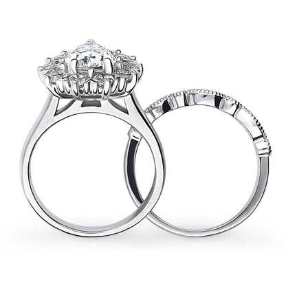 Halo Milgrain Art Deco Pear CZ Ring Set in Sterling Silver