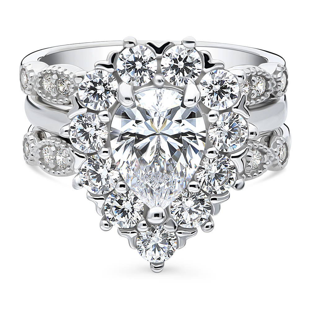 Halo Milgrain Art Deco Pear CZ Ring Set in Sterling Silver, 1 of 19
