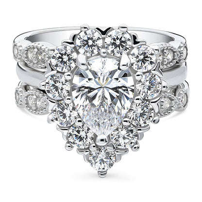 Halo Milgrain Art Deco Pear CZ Ring Set in Sterling Silver