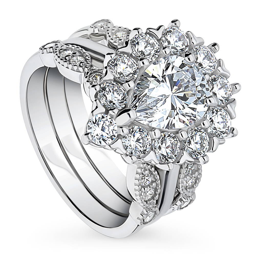 Front view of Halo Milgrain Art Deco Pear CZ Ring Set in Sterling Silver, 4 of 19