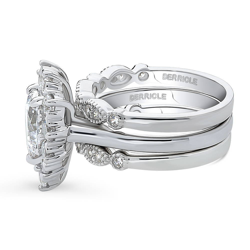 Angle view of Halo Milgrain Art Deco Pear CZ Ring Set in Sterling Silver, 5 of 19