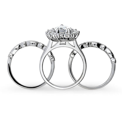 Halo Milgrain Art Deco Pear CZ Ring Set in Sterling Silver
