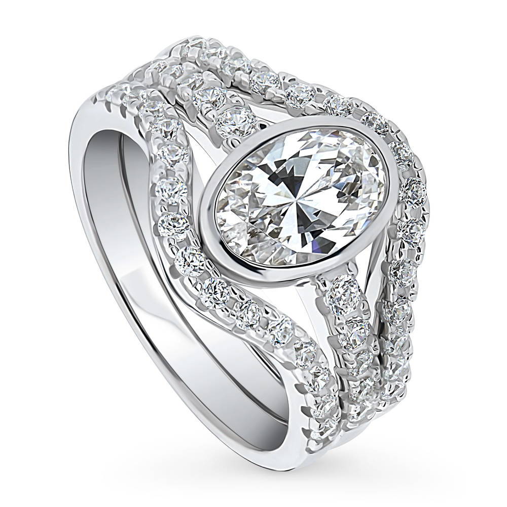 Solitaire 1.4ct Bezel Set Oval CZ Ring Set in Sterling Silver