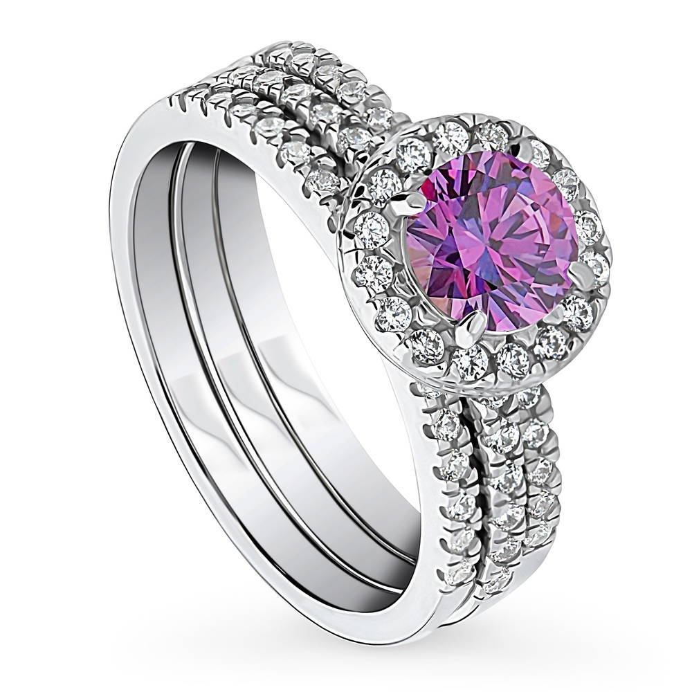 Halo Purple Round CZ Ring Set in Sterling Silver