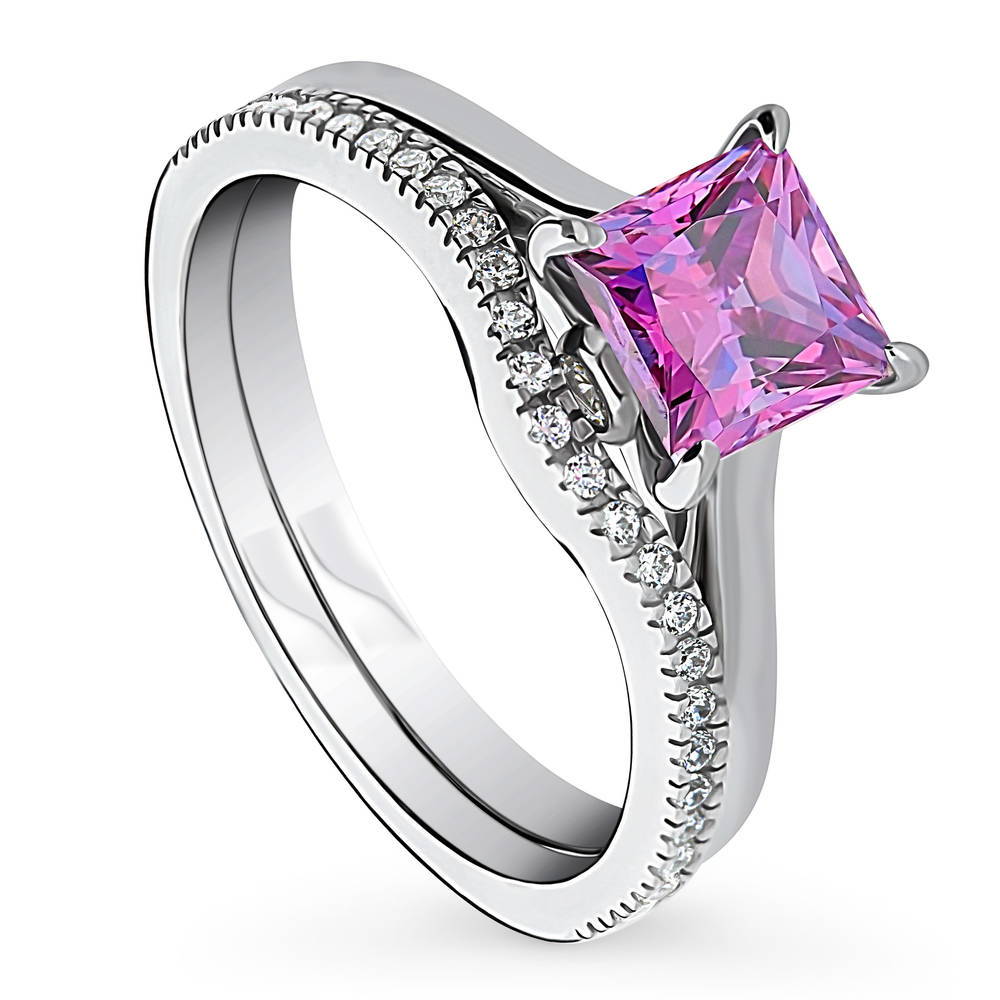Solitaire Wishbone Purple Princess CZ Ring Set in Sterling Silver