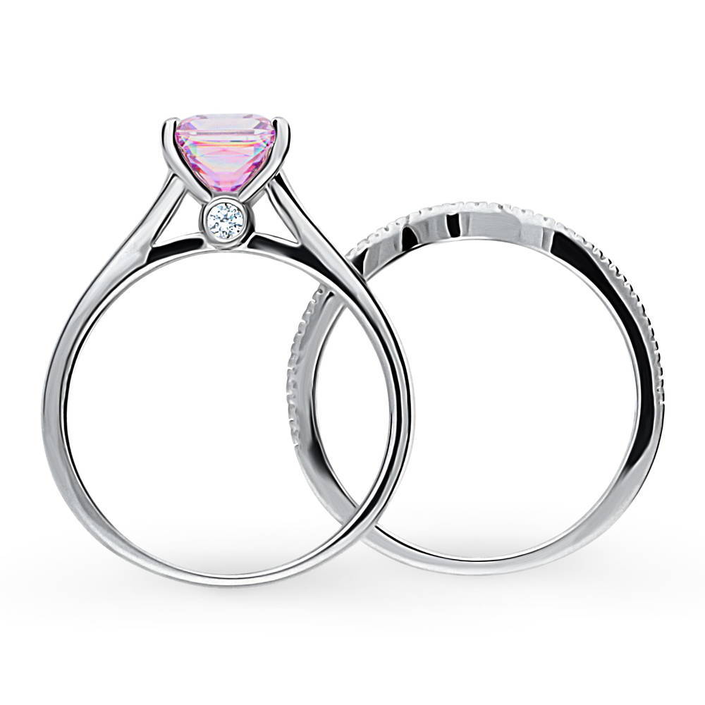Solitaire Wishbone Purple Princess CZ Ring Set in Sterling Silver