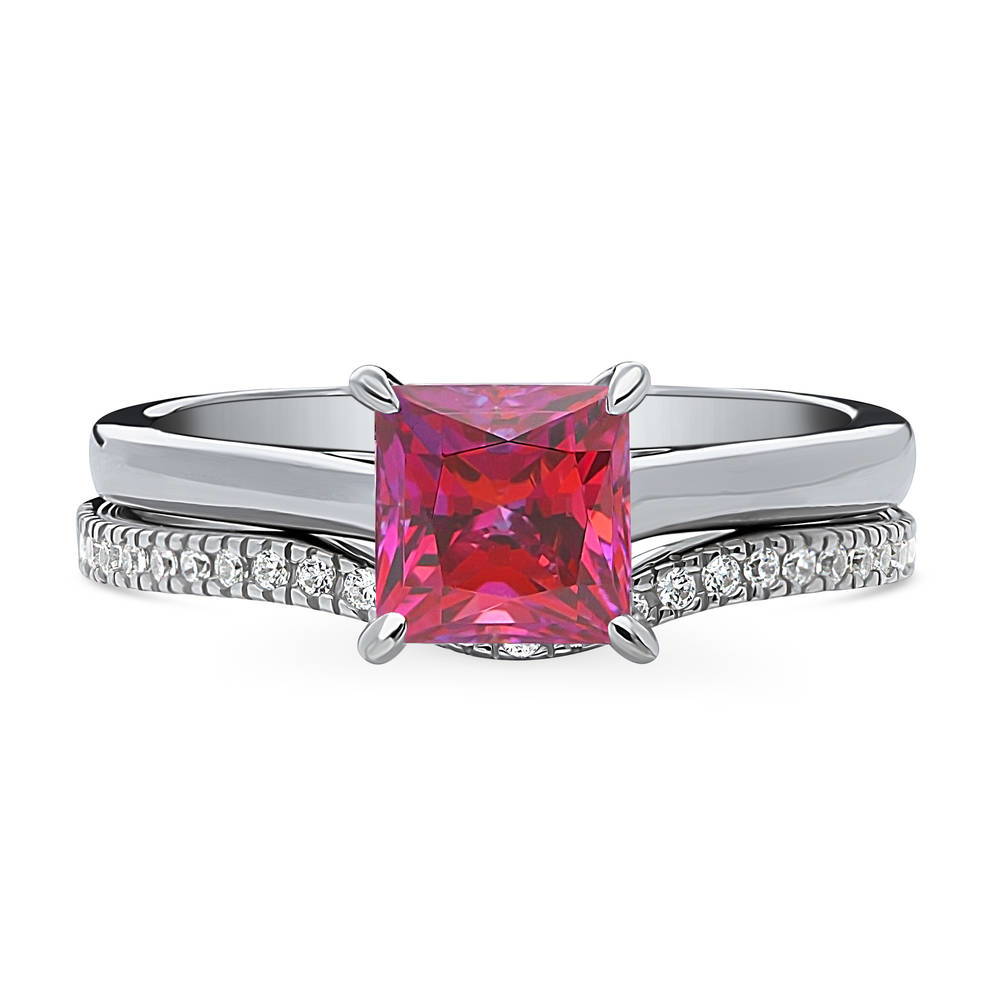 Solitaire Wishbone Red Princess CZ Ring Set in Sterling Silver, 1 of 16