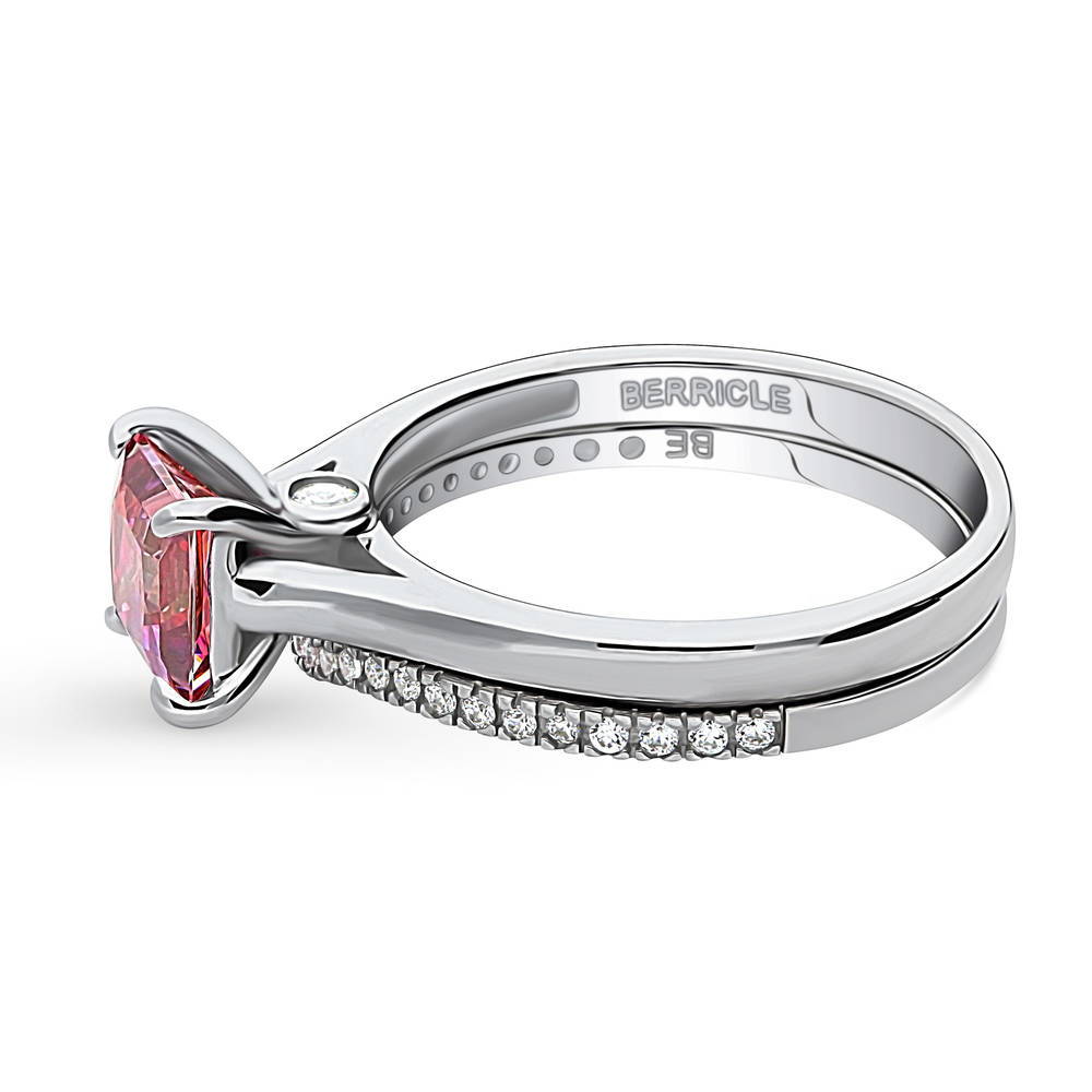 Angle view of Solitaire Wishbone Red Princess CZ Ring Set in Sterling Silver, 5 of 16