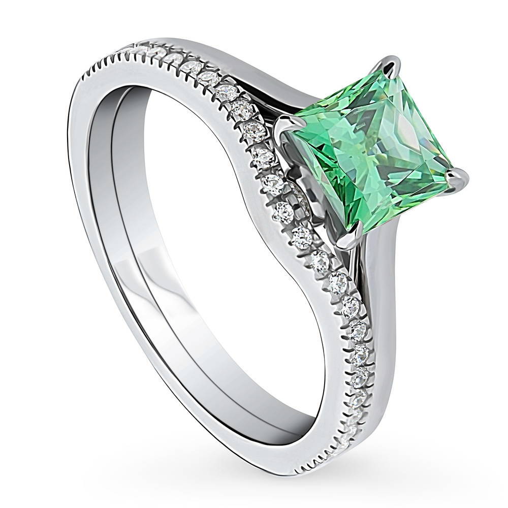 Front view of Solitaire Wishbone Green Princess CZ Ring Set in Sterling Silver, 2 of 11