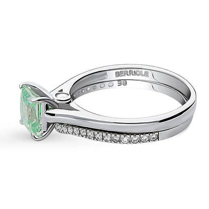 Solitaire Wishbone Green Princess CZ Ring Set in Sterling Silver