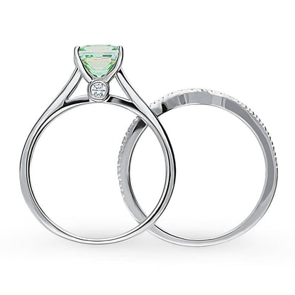 Solitaire Wishbone Green Princess CZ Ring Set in Sterling Silver