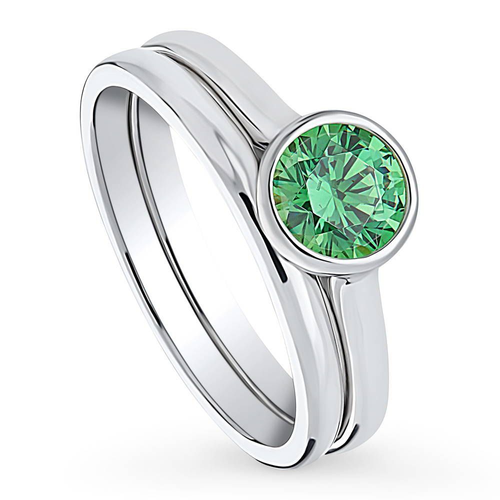 Solitaire 0.8ct Green Bezel Set Round CZ Ring Set in Sterling Silver
