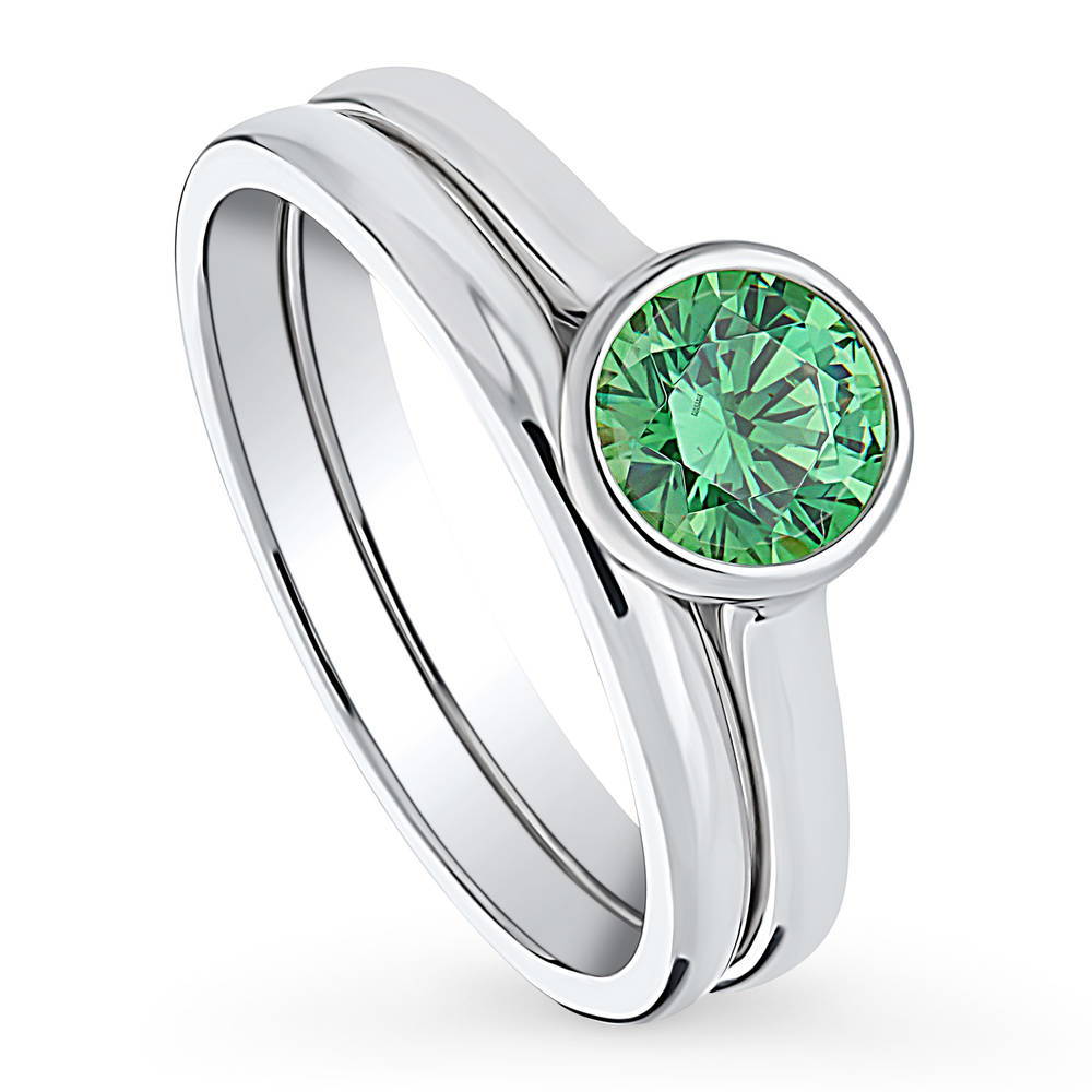 Front view of Solitaire 0.8ct Green Bezel CZ Ring Set in Sterling Silver, 2 of 10