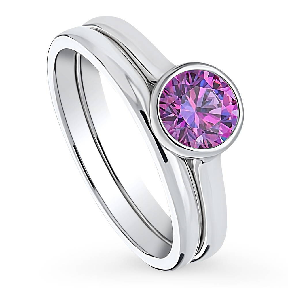 Front view of Solitaire 0.8ct Purple Bezel CZ Ring Set in Sterling Silver, 2 of 9
