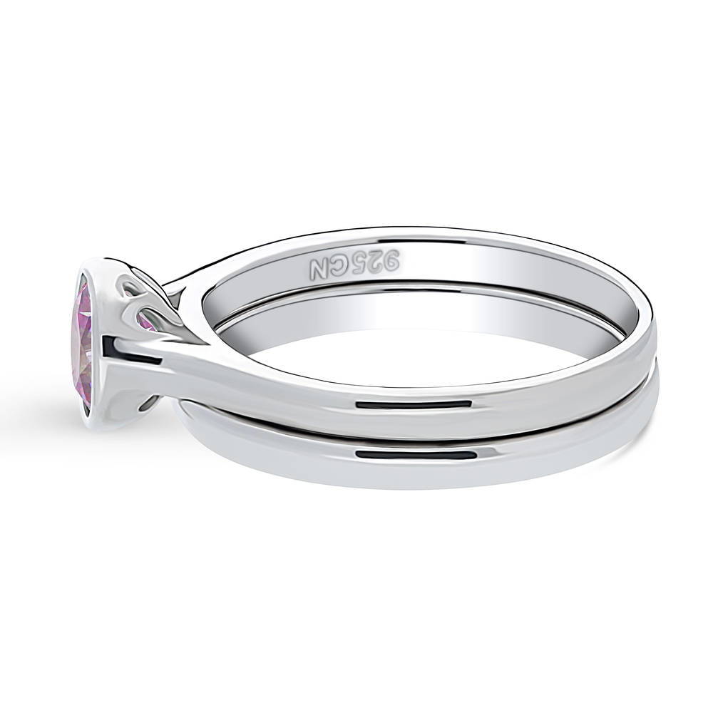 Solitaire 0.8ct Purple Bezel Set Round CZ Ring Set in Sterling Silver