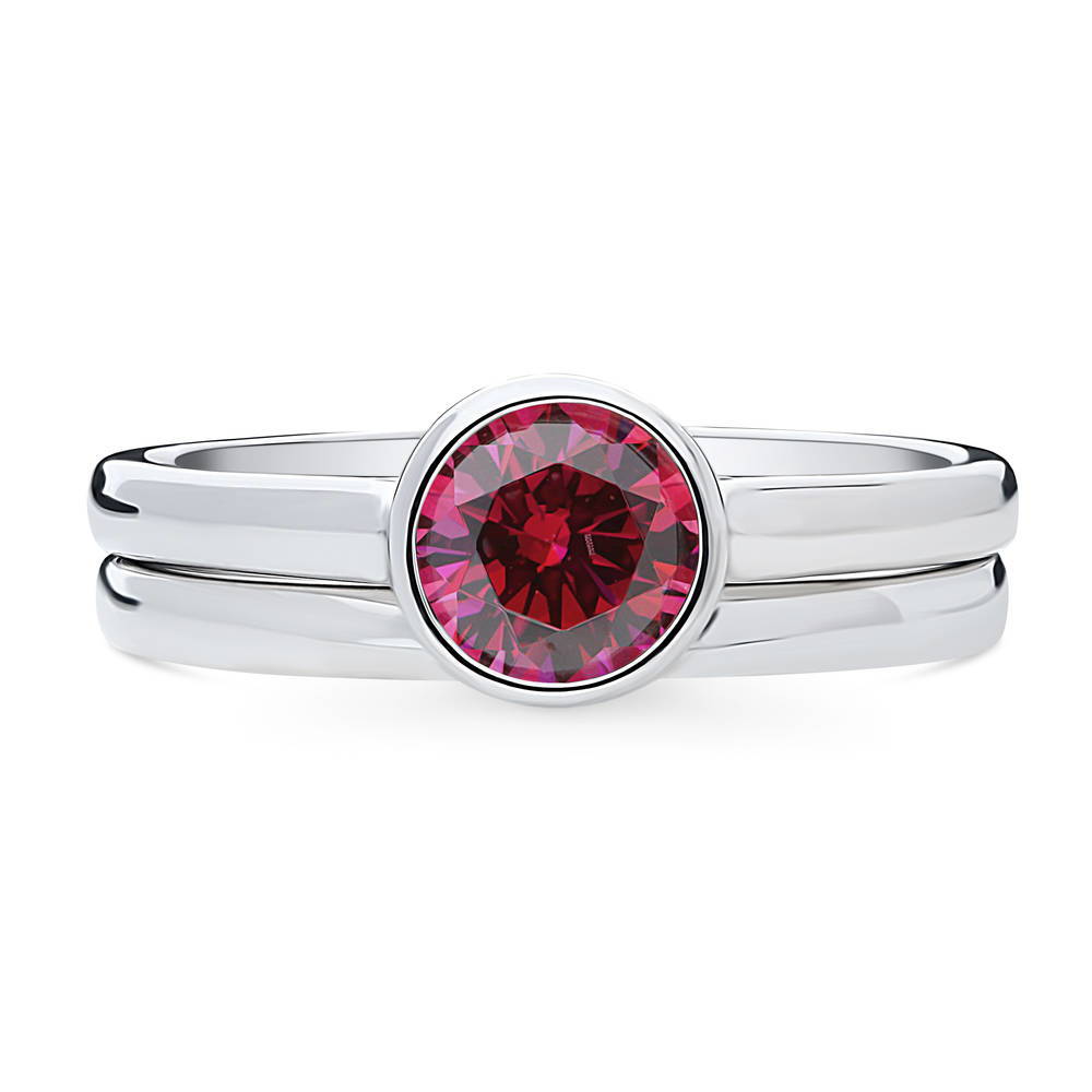 Solitaire 0.8ct Red Bezel Set Round CZ Ring Set in Sterling Silver