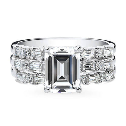 Solitaire Art Deco Emerald Cut CZ Ring Set in Sterling Silver