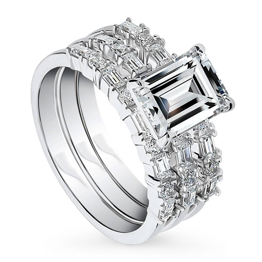 Front view of Solitaire Art Deco Emerald Cut CZ Ring Set in Sterling Silver, 4 of 17