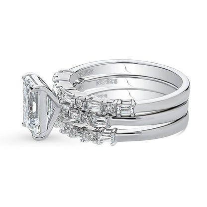 Solitaire Art Deco Emerald Cut CZ Ring Set in Sterling Silver