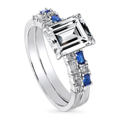 Solitaire Art Deco Emerald Cut CZ Ring Set in Sterling Silver