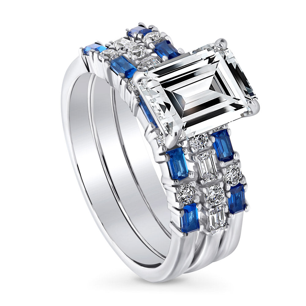 Front view of Solitaire Art Deco Emerald Cut CZ Ring Set in Sterling Silver, 4 of 11