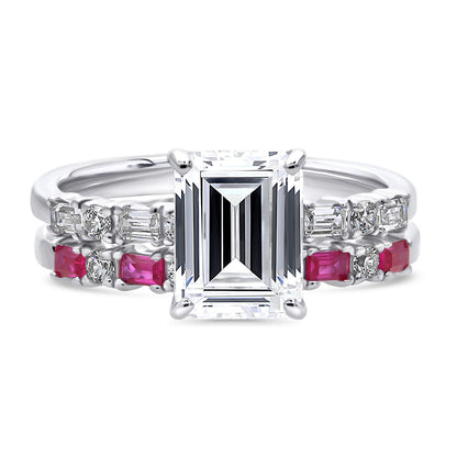 Solitaire Art Deco Emerald Cut CZ Ring Set in Sterling Silver