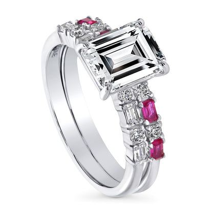 Solitaire Art Deco Emerald Cut CZ Ring Set in Sterling Silver