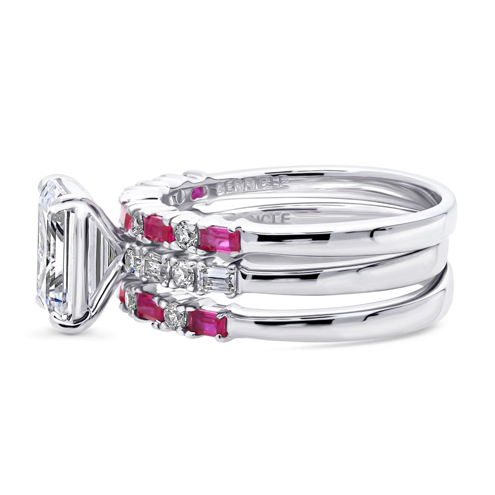 Angle view of Solitaire Art Deco Emerald Cut CZ Ring Set in Sterling Silver, 5 of 12