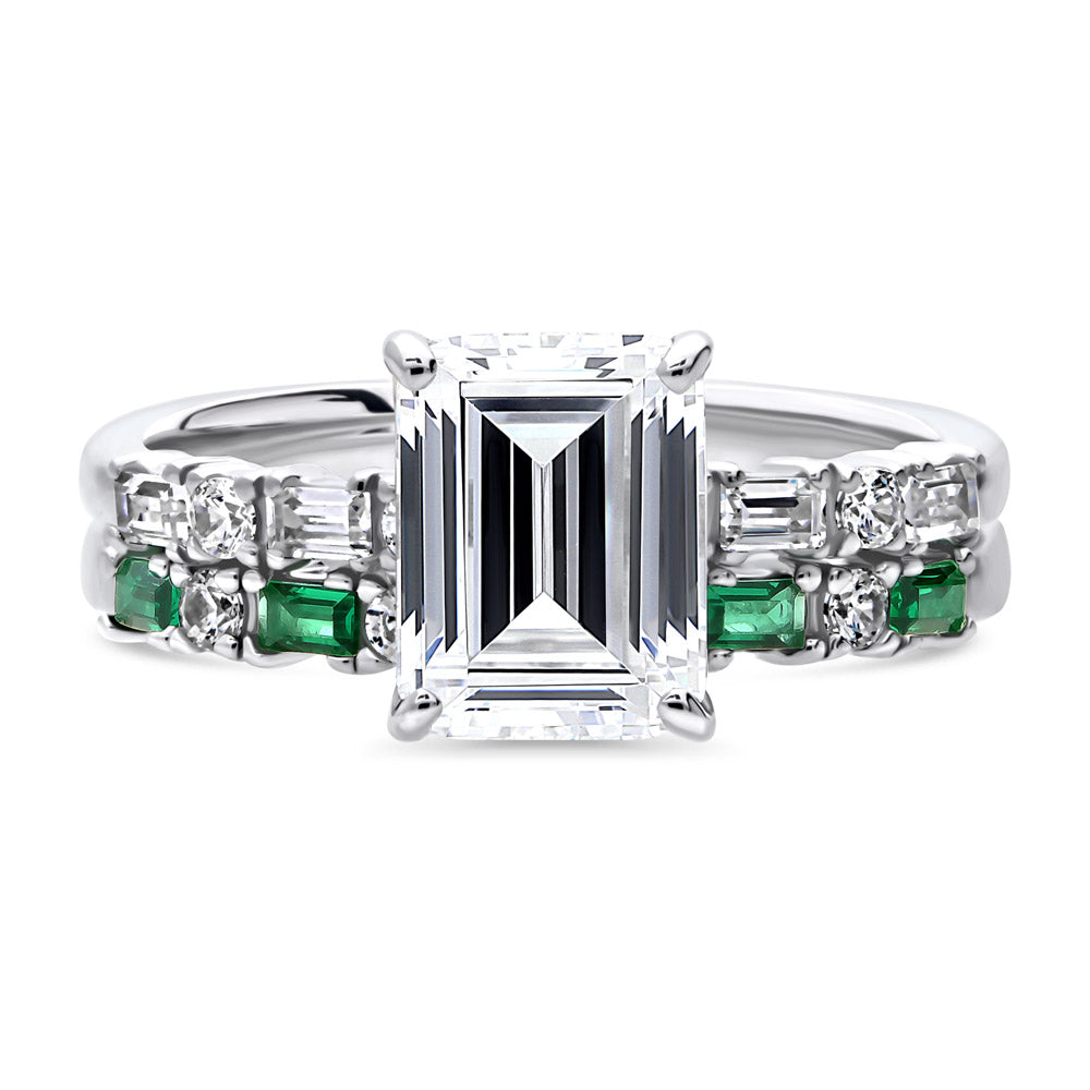 Solitaire Art Deco Emerald Cut CZ Ring Set in Sterling Silver