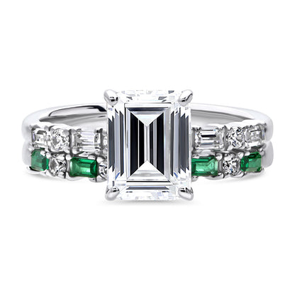 Solitaire Art Deco Emerald Cut CZ Ring Set in Sterling Silver