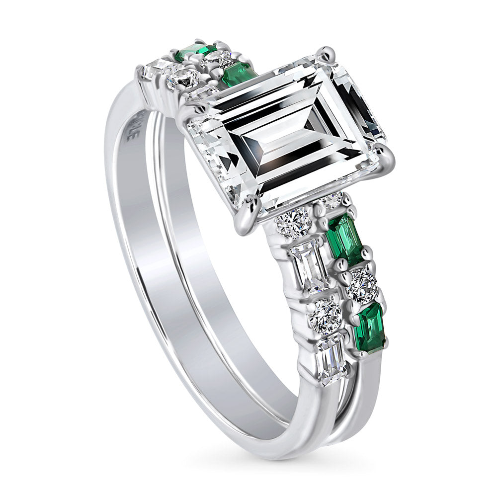 Front view of Solitaire Art Deco Emerald Cut CZ Ring Set in Sterling Silver, 4 of 12