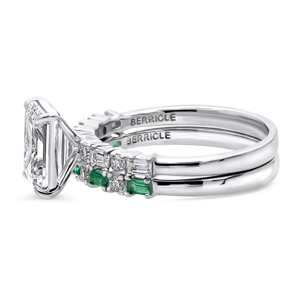 Angle view of Solitaire Art Deco Emerald Cut CZ Ring Set in Sterling Silver, 5 of 12