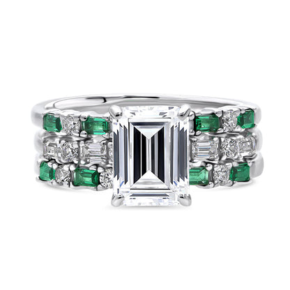 Solitaire Art Deco Emerald Cut CZ Ring Set in Sterling Silver